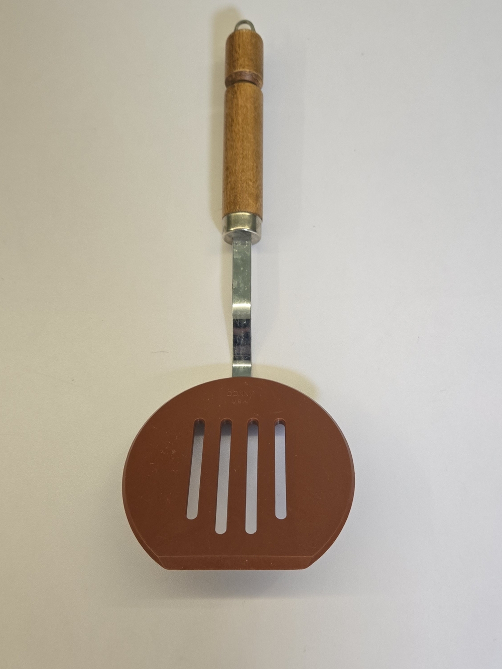 Vintage Bonny USA Slotted Spatula - Wide Brown Nylon & Wood Handle